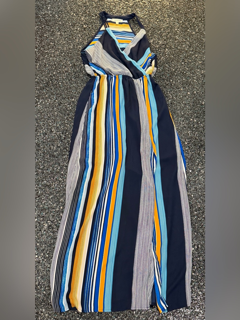 Monteau Women’s Medium Striped V-Neck Sleeveless Strappy Stretch Maxi Dress